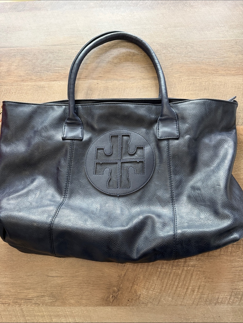 Navy Leather Tote Bag with Logo Accent